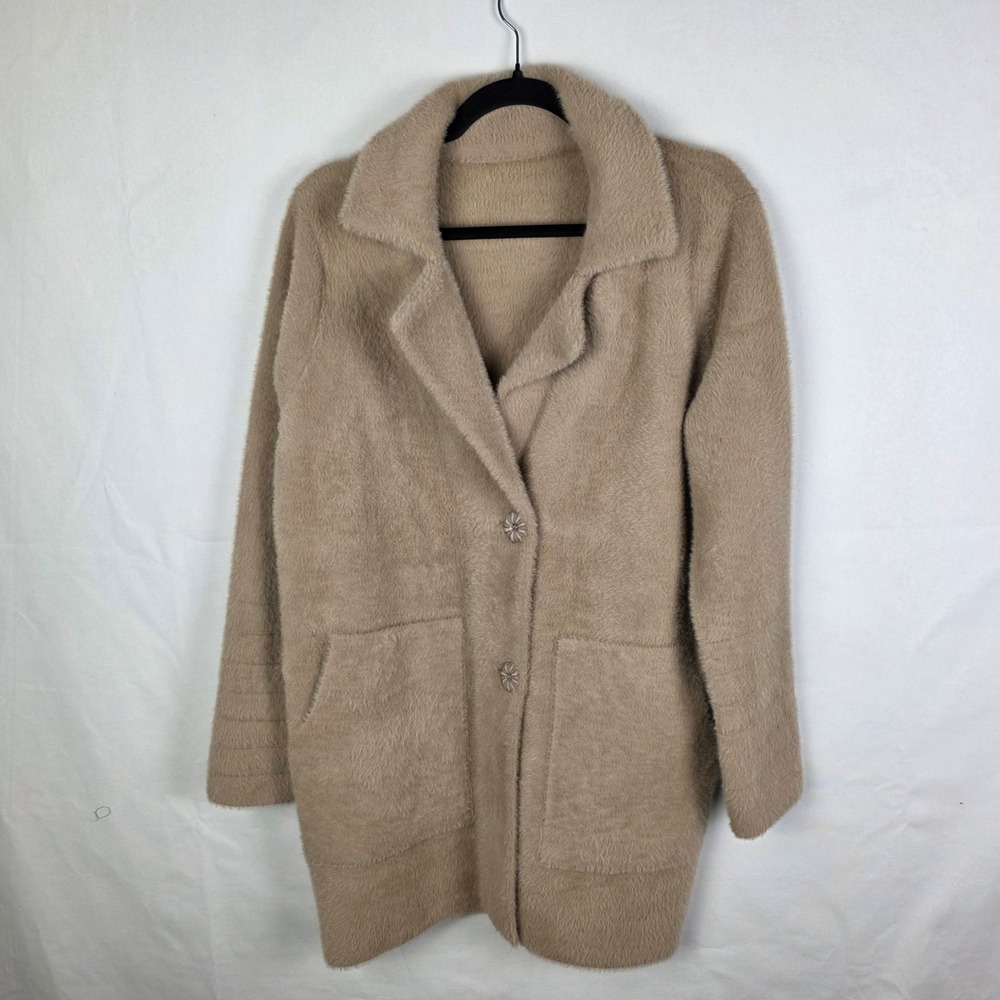 NVLT Thread Collective Tan Fuzzy Eyelash Coat 2 Button Patch Pockets Size Small